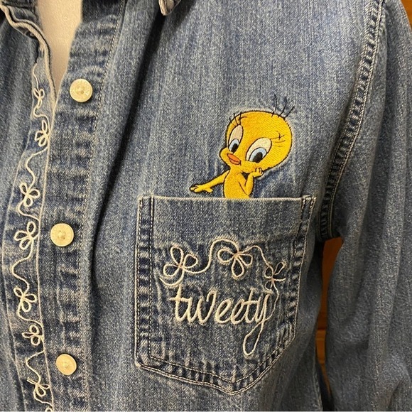 Warner bros looney tunes tweety bird denim y2k pocket button down shirt small - Picture 9 of 11